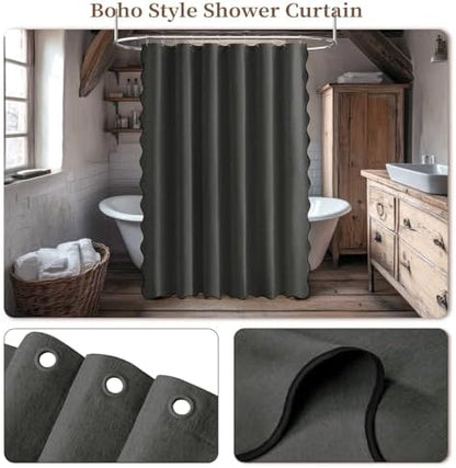BTTN Charcoal Grey Boho Scalloped Linen Textured Shower Curtain Set, 72x72
