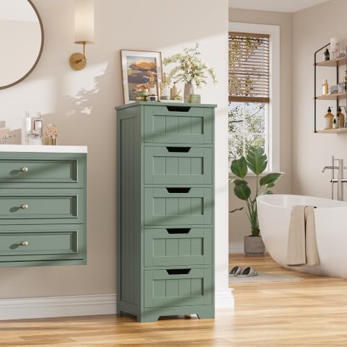 FOTOSOK Bathroom Cabinet, Bathroom Storage Cabinet with 5 Drawers, Green