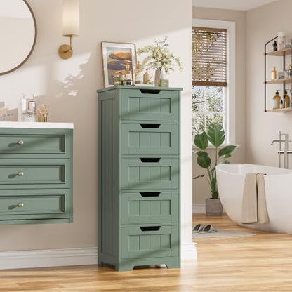 FOTOSOK Bathroom Cabinet, Bathroom Storage Cabinet with 5 Drawers, Green