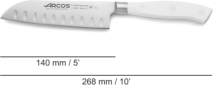 Arcos Santoku Knife Forged Blade Stainless Steel NITRUM 140mm, POM Handle White, Resistant to Extreme Temperatures and Chemicals, Riviera Blanc Series