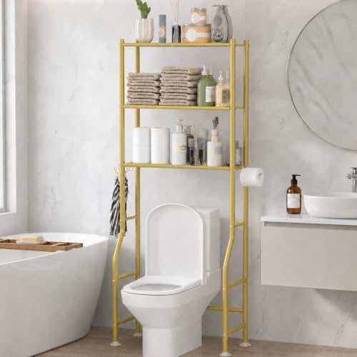 GloTika 3-Tier Over Toilet Storage, Anti-Tilt, 64" H, Gold