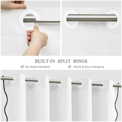 Furlinic Scalloped Linen White Shower Curtain No Hook Wide Fabric W78 x H75