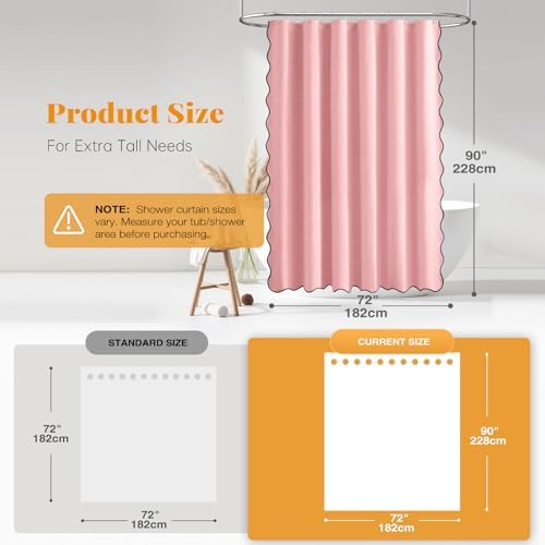 BTTN 72x90 Boho Scalloped Linen Textured Cloth Shower Curtain Set, Pink