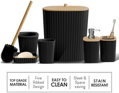 Clara Clark Bathroom Set - Black Bathroom Accessories Set, 6PC Bathroom Accessory Set, Bathroom Sets with Adhesive Corner Shower Caddy Hanging, Toilet Brush, Trash Can & Soap Dispenser