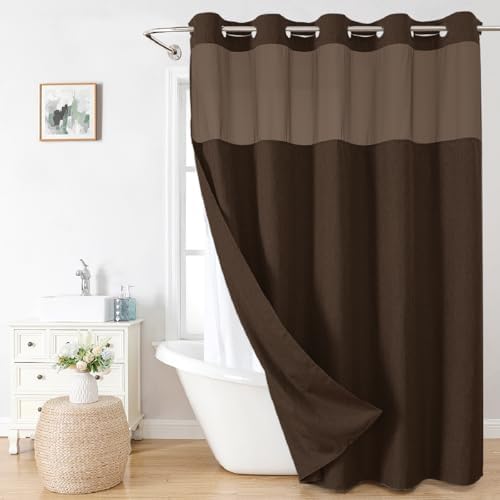 eachope No Hook Linen Texture Shower Curtain with Snap-in Liner,71x80 Brown