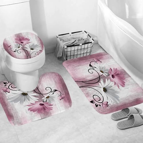 Onalasyc 4PCS Pink Daisy Floral Bathroom Sets with Shower Curtain and Rugs