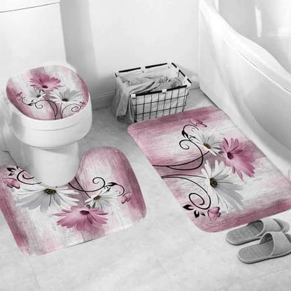 Onalasyc 4PCS Pink Daisy Floral Bathroom Sets with Shower Curtain and Rugs