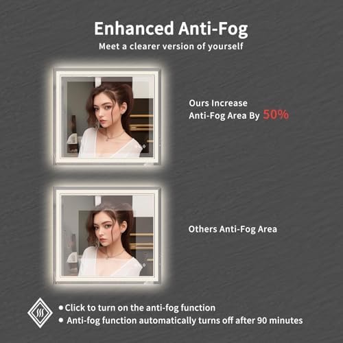 Bathroom Mirrors for Wall, 40x36 Inch Gradient Front and Backlight Lighted Mirror, 3 Colors Dimmable CRI>90 Double Lights, IP54 Enhanced Anti-Fog, Hanging Plates Wall Mount Smart Mirror