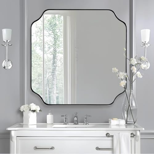 ANDY STAR 30"x30" Chrome Square Mirror, Polished Nickel Scalloped Bathroom Mirror for Over Sink, Modern Decorative Mirror with Designer Rounded Notched Corners, Anti-Rust SUS304 Frame