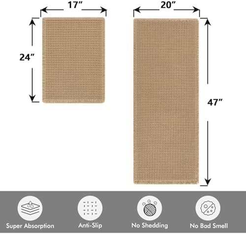 MIULEE Set of 2 Waffle Bathroom Rugs Boho Bath Mat Brown 17"x24"+20"x47"