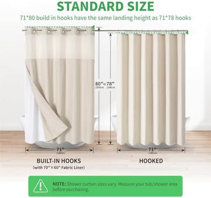 eachope No Hook Linen Texture Shower Curtain with Snap-in Liner,71x80 Cream