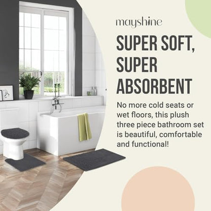 Standard 3pc Set Chenille Bath Mats, Includes 21"x24" U-Shaped Contour Toilet Rug, 21"x34" Inches Bathmat and 1 Toilet Lid Cover, Plush Absorbent Bath Mats Quick Dry, Charcoal Gray