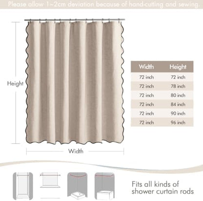 MIULEE 72"x90" Extra Long Scalloped Linen Shower Curtain Beige