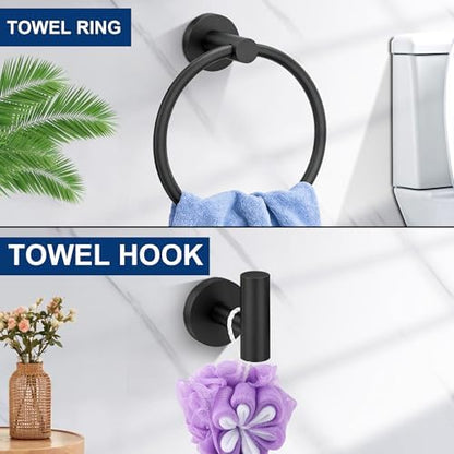 5 Pieces Bathroom Hardware Accessories Set Matte Black, 24Inch Round Towel Racks Set for Bathroom, SUS304 Stainless Steel Towel Bar Set, Toilet Paper Holder with Shelf Wall Mounted