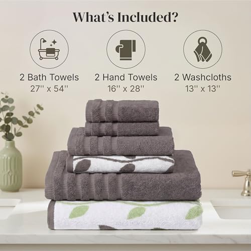 Modern Threads 6 Piece Bath Towel Set – Bathroom Set with 2 Bath Towels, 2 Hand Towels, and 2 Wash Cloths – 100% Cotton, Super Absorbent & Extra Soft – Reversible Natural Vine (Gray)