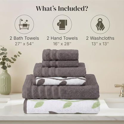 Modern Threads 6 Piece Bath Towel Set – Bathroom Set with 2 Bath Towels, 2 Hand Towels, and 2 Wash Cloths – 100% Cotton, Super Absorbent & Extra Soft – Reversible Natural Vine (Gray)
