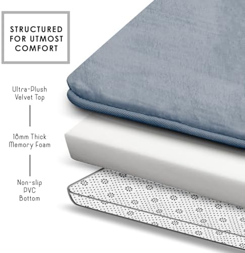 Clara Clark 3 Piece Bathroom Rugs, Velvet Memory Foam Bath Mat Set, Non-Slip Bath Rugs, Machine Wash, Dries Quickly, Ultra Soft Plush Bath Mats for Bathroom, 17 x 24/20 x 32 / Contour, Stone Blue