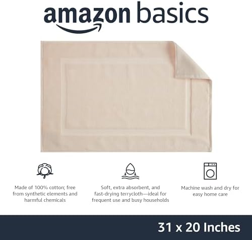 Amazon Basics Banded Bathroom Bath Rug Mat, Machine Washable, Super Absorbent, 100% Cotton, 20" W x 31" L, Cream