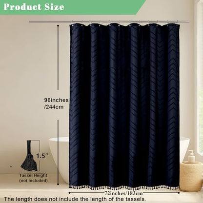OWENIE Extra Long Navy Blue Boho Shower Curtain, Chic Tufted Chevron Striped Textured Cloth Fabric Shower Curtains with Tassel for Bathroom, Soft Hotel Style Farmhouse, Machine Washable, 72x96