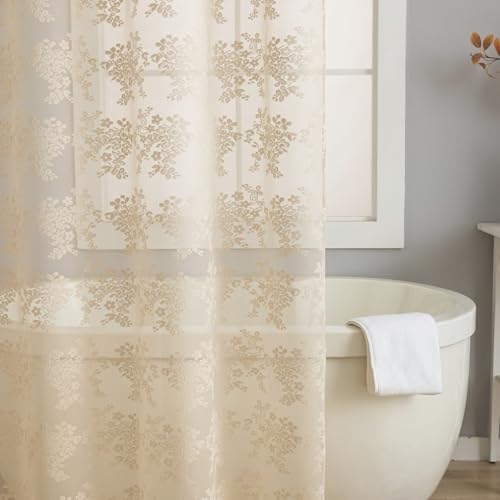 Beige Shower Curtain 72x72, Cottage Core Lace with Attached Valance
