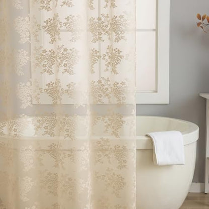 Beige Shower Curtain 72x72, Cottage Core Lace with Attached Valance