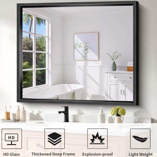Bathroom Mirror, 42 x 36 Inch Brushed Black Rectangle Mirror, 0.6" Thickened Deep Frame Mirrors for Wall Over Sink, Shatterproof Tempered Glass, Antirust, Horizontally or Vertically