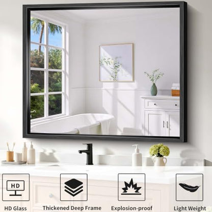 Bathroom Mirror, 42 x 36 Inch Brushed Black Rectangle Mirror, 0.6" Thickened Deep Frame Mirrors for Wall Over Sink, Shatterproof Tempered Glass, Antirust, Horizontally or Vertically