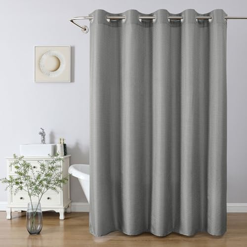 No Hook Waffle Shower Curtain, No Liner Needed Separate, 71x77 Inch, Grey
