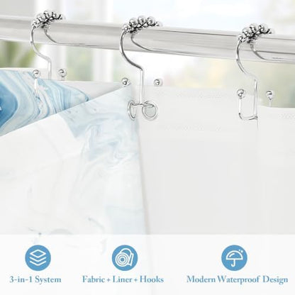 3 in 1 Blue Marble Shower Curtain Set with PEVA Liner & 12 Hooks, 36 x 72