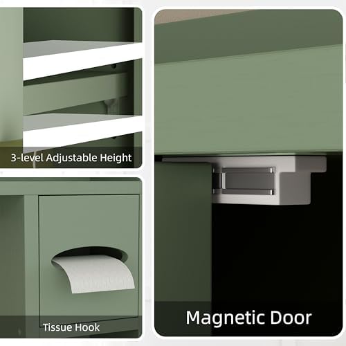 Shintenchi Over the Toilet Storage Cabinet, Bathroom Storage Cabient with Barn Doors, Bathroom Storage Shelf Organizer with Toilet Paper Holder, Adjustable Shelf and Anti-Tip Device, Green