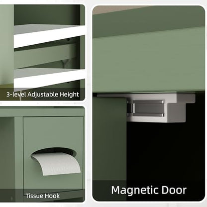 Shintenchi Over the Toilet Storage Cabinet, Bathroom Storage Cabient with Barn Doors, Bathroom Storage Shelf Organizer with Toilet Paper Holder, Adjustable Shelf and Anti-Tip Device, Green