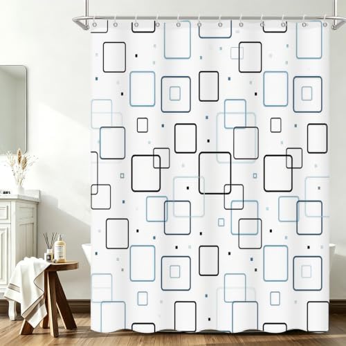 Modern Geometric Square Blue and White Shower Curtain, 36" W x 72" L