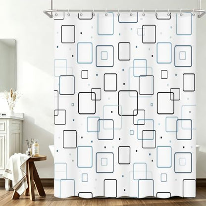 Modern Geometric Square Blue and White Shower Curtain, 36" W x 72" L