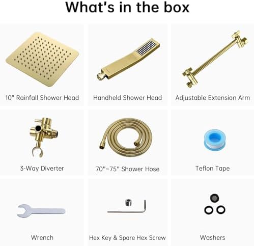 G-Promise All Metal 10" Dual Square Shower Head Combo | Rain Shower Head | Handheld Shower Wand | Adjustable | 3-Way Diverter | 71" Extra Long Hose - A Bathroom Upgrade (Polished Brass)