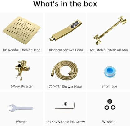 G-Promise All Metal 10" Dual Square Shower Head Combo | Rain Shower Head | Handheld Shower Wand | Adjustable | 3-Way Diverter | 71" Extra Long Hose - A Bathroom Upgrade (Polished Brass)