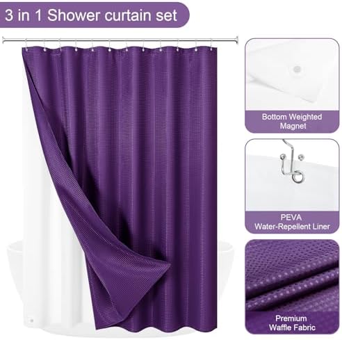 Gibelle 3 in 1 Purple Shower Curtain with PEVA Liner, 12 Hooks, 72x72