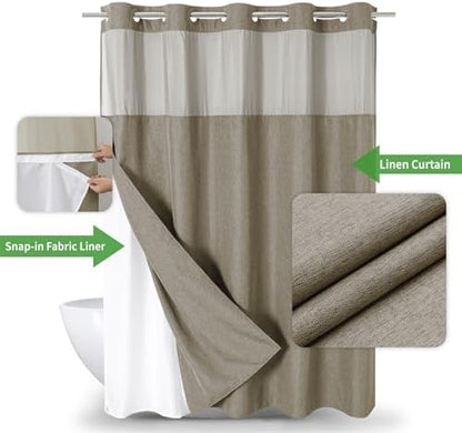 eachope No Hook Fabric Shower Curtain with Snap-in Liner,71x80 Khaki/Tan