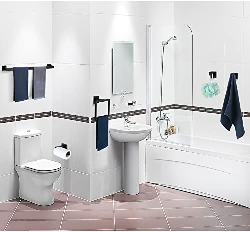 5 Pieces Bathroom Hardware Accessories Set Matte Black, 24Inch Square Towel Racks Set for Bathroom, SUS304 Stainless Steel Towel Bar Set, Bath Accessories Sets Wall Mounted