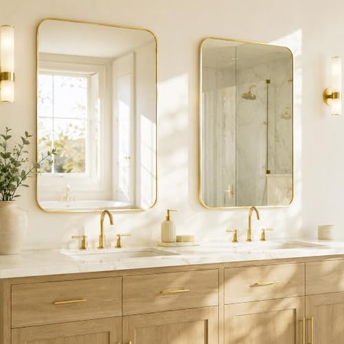 2-Pack 24x36 Inch Brushed Gold Rounded Rectangle Vanity Mirrors