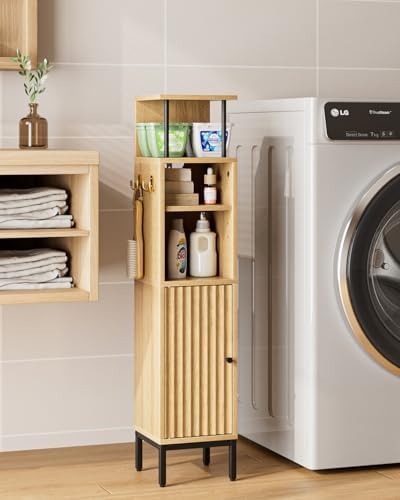 Bathroom Storage Cabinet,Small Corner Floor Cabinet with 2 Hook,Narrow Tall Toilet Paper Cabinet with Adjustable Shelves,Bathroom Organizer for Living Room,Small Spaces (Wave, Oak-37''H)