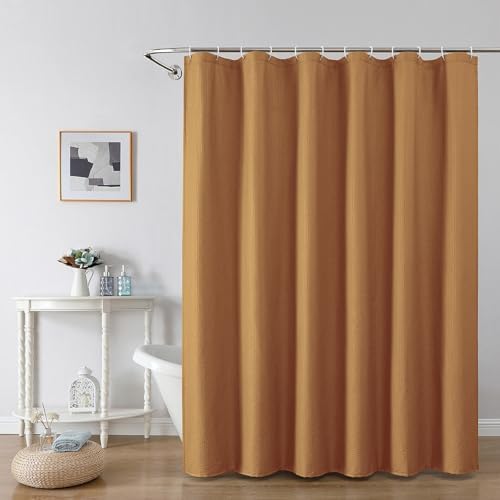 OWENIE Gold Shower Curtain or Bathroom 72x72 Inch, 3D Embossed Textured Waffle Fabric Shower Curtains, Soft Hotel Farmhouse Style, Water Repellent, Machine Washable, Gold, 72" W x 72" L