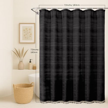 OVZME Black Stripe Shower Curtain for Bathroom, Boho Linen Textured Shower Curtain with Tassel, Minimalist Modern Heavy Duty Vintage Country Bathroom Curtain, 72Wx72L Inches