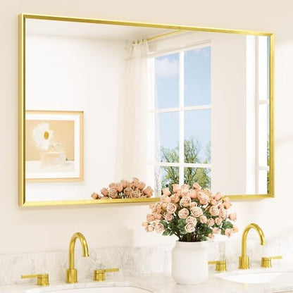 TETOTE Brushed Gold Frame Mirror for Bathroom Wall 48" x 30" Brushed Brass Beveled Rectangle Bathroom Vanity Mirror for Over Sink, Bedroom, Entryway, Living Room, Tempered Glass, Stronger Frame
