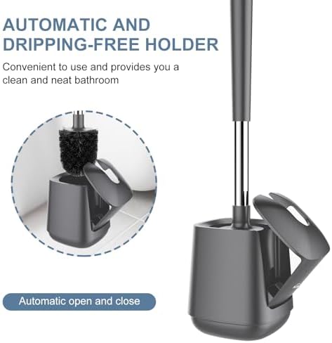 SetSail Toilet Brush and Holder 3 Pack, Self Closing Lid Toilet Bowl Brushes Holder Extra Long Handle Ventilated Toilet Brush Set for Bathroom Cleaning, Nylon Bristles, Grey