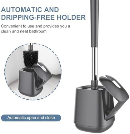 SetSail Toilet Brush and Holder 2 Pack, Self Closing Lid Toilet Bowl Brushes Holder and Extra Long Handle Ventilated Toilet Brush Set for Bathroom Cleaning, Nylon Bristles, Grey
