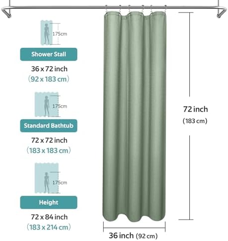 Vipfree 3 in 1 Shower Curtain Set, Waffle Shower Curtain and Liner Set with 6 Double Sided Shower Curtain Hooks, 258GSM Luxury Weighted Cloth Shower Curtain for Shower Stall, 36 W x 72 H, Sage Green