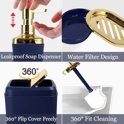 XLHOMO Blue and Gold Bathroom Accessories Set, Bathroom Sets with Shower Curtain, Blue Bathroom Accessories with Trash Can, Soap Dispenser, Soap Dish, Toilet Brush Holder, Qtip Holders for Bathroom