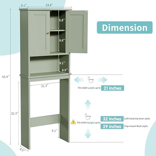 Shintenchi Over the Toilet Storage Cabinet, Bathroom Shelf Organizer with Anti-Tip Device Small Freestanding Space Saver with Adjustable Shelf，Green