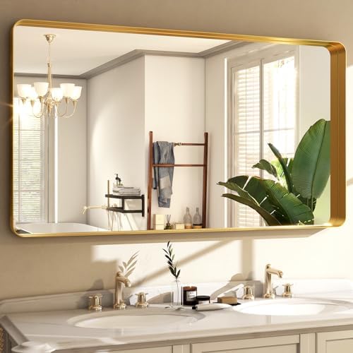 Easly 48 x 30 Inch Gold Bathroom Mirror, Rectangular Wall Mounted Shatterproof Mirror, Aluminum Alloy Frame with Rounded Corners, Horizontal or Vertical for Farmhouse Decor