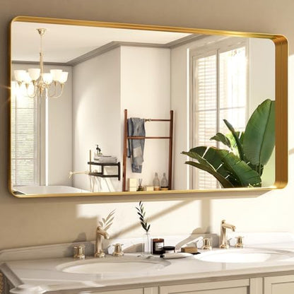 Easly 48 x 30 Inch Gold Bathroom Mirror, Rectangular Wall Mounted Shatterproof Mirror, Aluminum Alloy Frame with Rounded Corners, Horizontal or Vertical for Farmhouse Decor